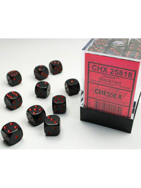 Set 36 Dados Chessex 12mm D6 Opaque Black Red