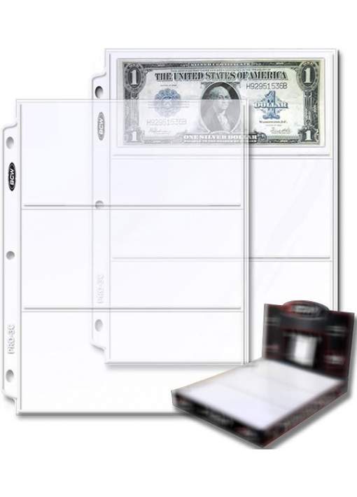 1 Hoja Transparente para Billetes/Postales/Fotos/Cartas BCW Pro 3-Pocket Currency Page