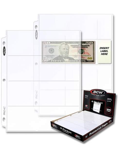 100 Hojas BCW Pro 4-Pocket Currency Page